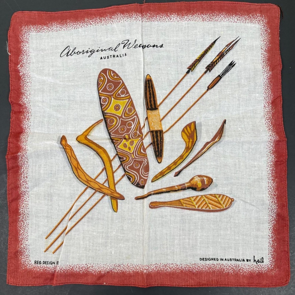 Heil Aboriginal Weapons Australia Souvenir Handkerchief Red White Vintage Linen